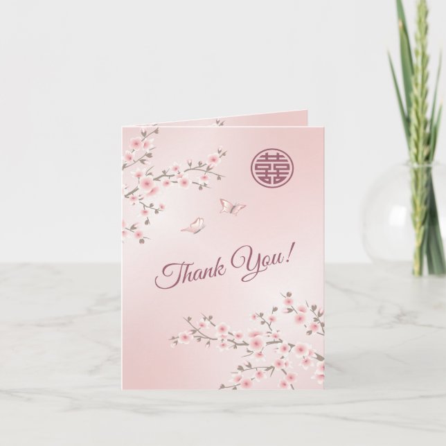 Dusty Pink Photo Chinese Wedding Thank You Card (Front)