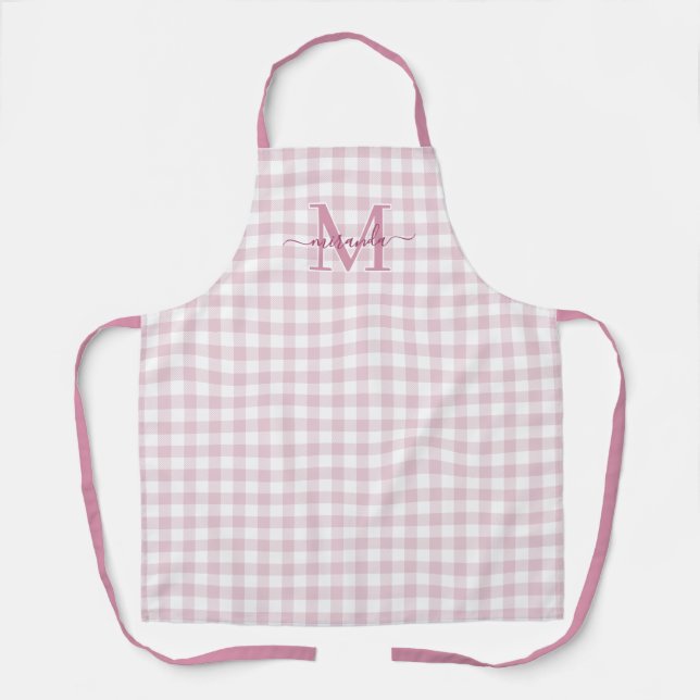Dusty Pink Plaid Apron with Monogram & Name (Front)