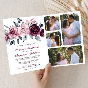 Dusty Pink Plum Purple Floral QR Code Wedding Invitation