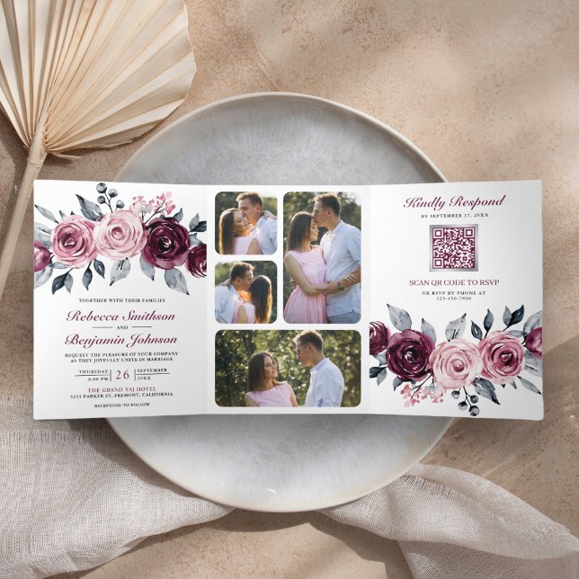 Dusty Pink Plum Purple Floral QR Code Wedding Tri-Fold Invitation (Creator Uploaded)