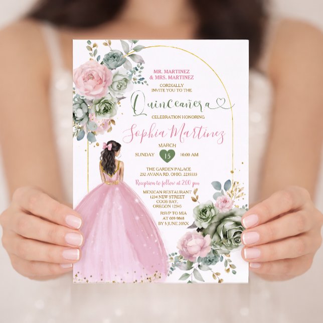 Dusty Pink Princess Dress Sage Floral Quiñceanera Invitation (Creator Uploaded)