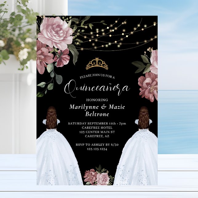 Dusty Pink Princess Floral Twins Quinceañera Invitation (Creator Uploaded)
