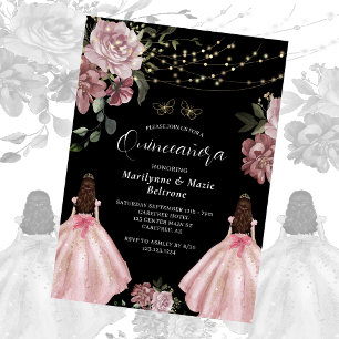 Dusty Pink Princess Floral Twins Quinceañera Invitation