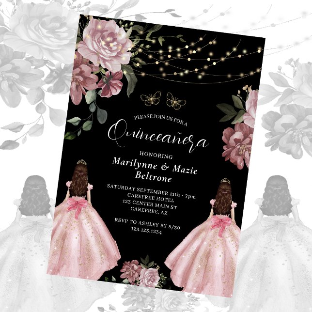 Dusty Pink Princess Floral Twins Quinceañera Invitation (Creator Uploaded)
