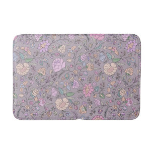 Dusty Pink Purple Beige Whimsical Colourful Floral Bath Mat