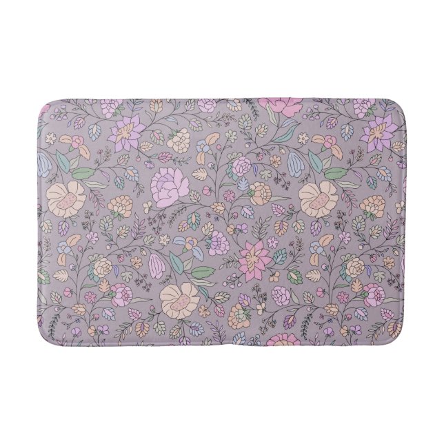 Dusty Pink Purple Beige Whimsical Colourful Floral Bath Mat (Front)