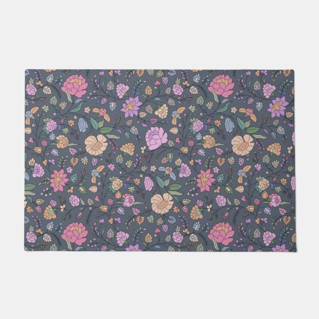 Dusty Pink Purple Beige Whimsical Colourful Floral Doormat (Front)