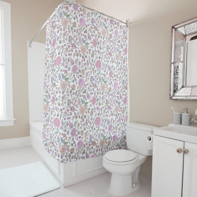 Dusty Pink Purple Beige Whimsical Colourful Floral Shower Curtain (In Situ)
