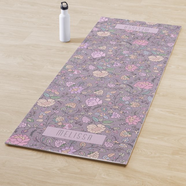 Dusty Pink Purple Beige Whimsical Colourful Floral Yoga Mat (In Situ)