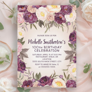 Dusty Pink Purple Floral 100th Birthday Invitation