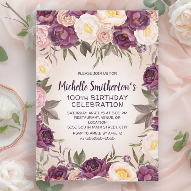 Dusty Pink Purple Floral 100th Birthday Invitation (Purple, blush pink, and dusty rose watercolor floral 100th birthday party invitation)
