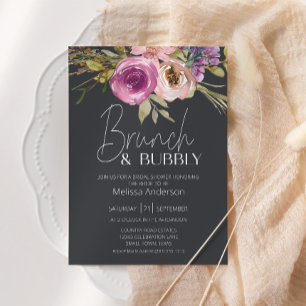 Dusty Pink Purple Floral Charcoal Bridal Brunch Invitation