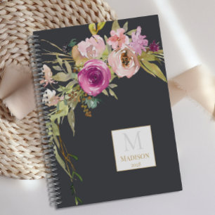 Dusty Pink Purple Floral Trendy Monogram Planner