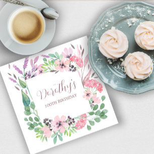 Dusty Pink Purple Wildflower 100th Birthday Party Napkin