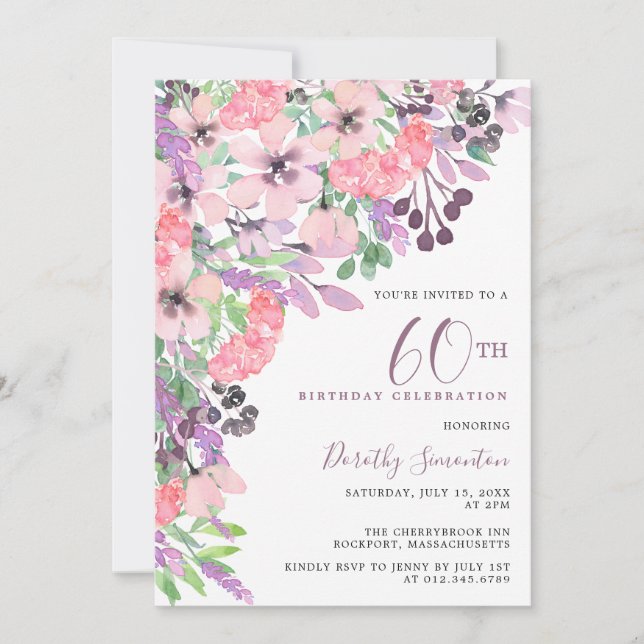 Dusty Pink Purple Wildflower 60th Birthday Invitation (Front)