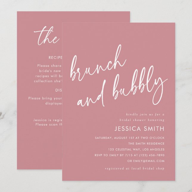 Dusty Pink QR Code Brunch and Bubbly Bridal Shower Invitation (Front/Back)