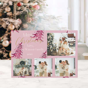 Dusty pink red Christmas Pagoda Trees 5-Photo Holiday Card