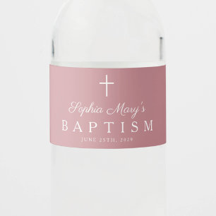 Dusty Pink Religious Cross Girl Baptism Water Bottle Label