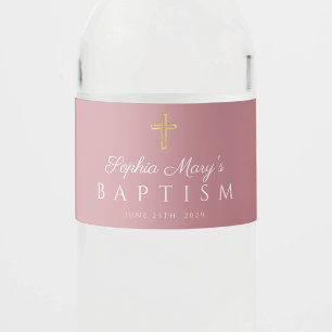 Dusty Pink Religious Cross Girl Baptism Water Bottle Label