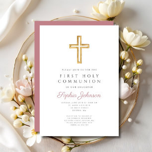 Dusty Pink Religious Cross Girl First Communion Invitation