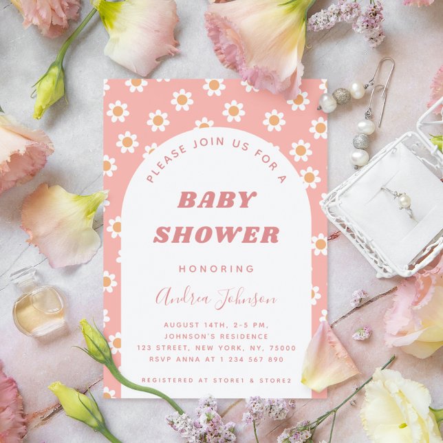 Dusty Pink Retro Daisy Pattern Girl Baby Shower Invitation (Creator Uploaded)