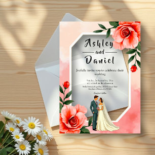 Dusty Pink Romantic Bride And Groom Floral Wedding Acrylic Invitations