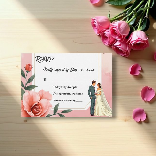 Dusty Pink Romantic Bride And Groom Floral Wedding RSVP Card (Creator Uploaded)