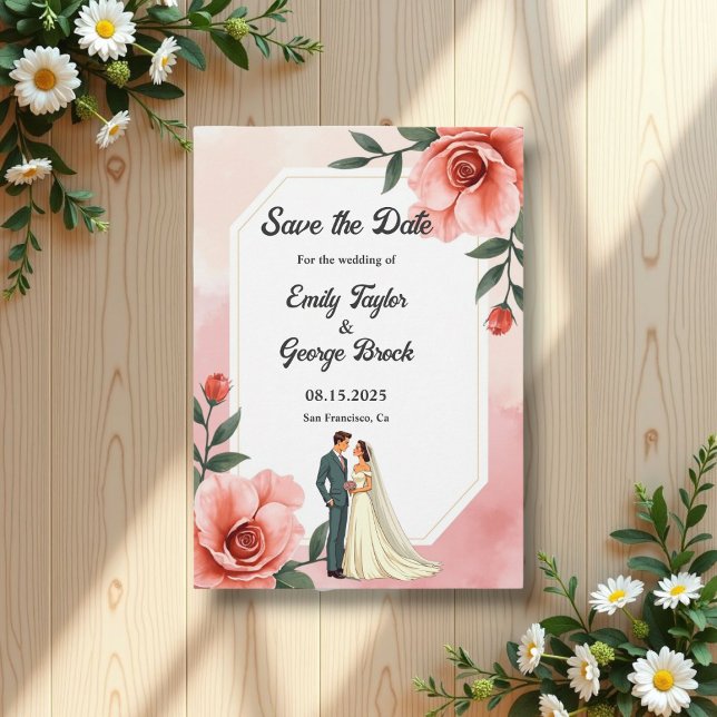 Dusty Pink Romantic Bride And Groom Floral Wedding Save The Date (Creator Uploaded)