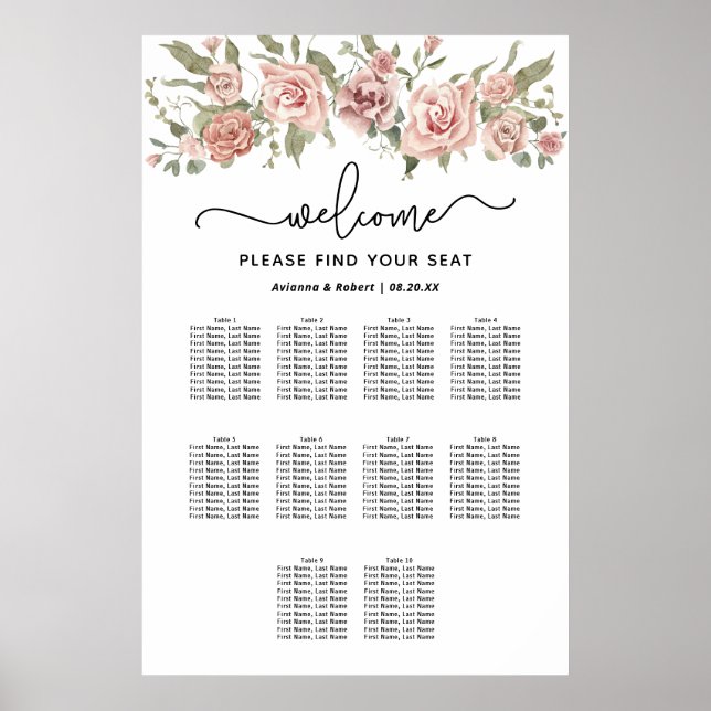 Dusty Pink Rose 10-Table Wedding Seating Chart (Front)