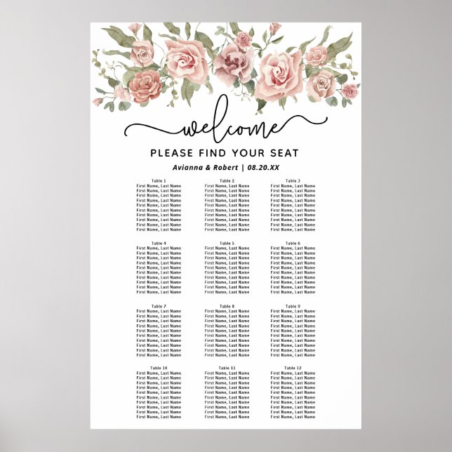 Dusty Pink Rose 12-Table Wedding Seating Chart (Front)