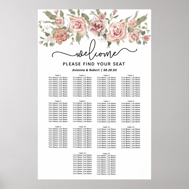 Dusty Pink Rose 14-Table Wedding Seating Chart (Front)
