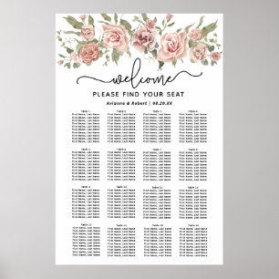 Dusty Pink Rose 16-Table Wedding Seating Chart