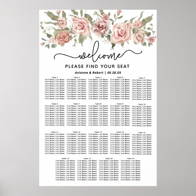 Dusty Pink Rose 19-Table Wedding Seating Chart (Front)