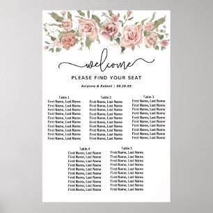 Dusty Pink Rose 5-Table Wedding Seating Chart