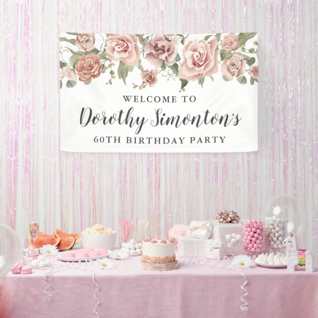 Dusty Pink Rose 60th Birthday Party Welcome Banner (Party)