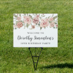 Dusty Pink Rose 90th Birthday Party Welcome Yard Garden Sign<br><div class="desc">Rustic and elegant. Pink roses and white flowers and lots of greenery,  leaves and vines join together to create a beautiful floral border along the top of this 90th birthday welcome yard sign.</div>