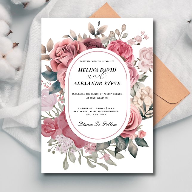  Dusty Pink Rose Blush Floral Frame Wedding Invitation (Creator Uploaded)
