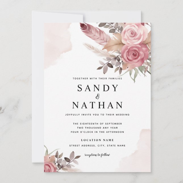 Dusty Pink Rose Boho Flowers Wedding Invitation (Front)