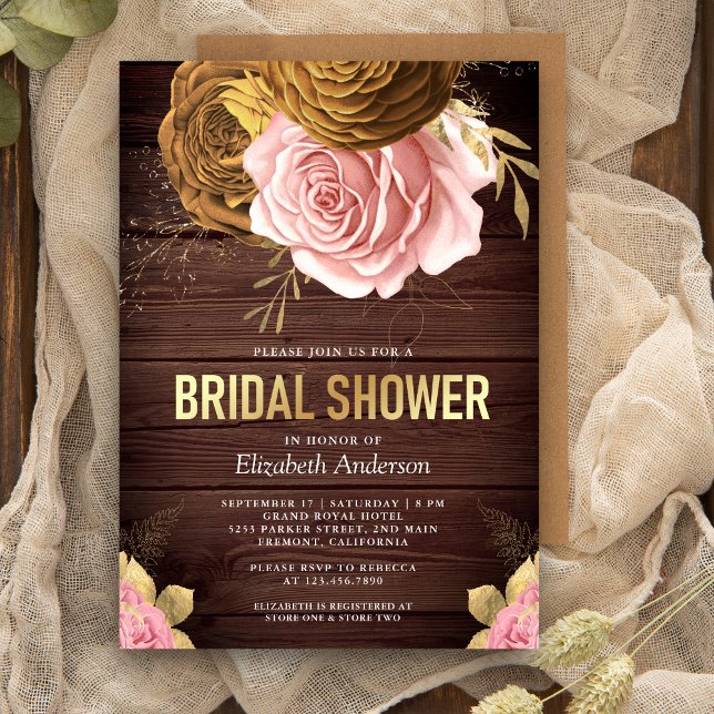 Dusty Pink Rose Earthy Floral Wood Bridal Shower Invitation (Creator Uploaded)
