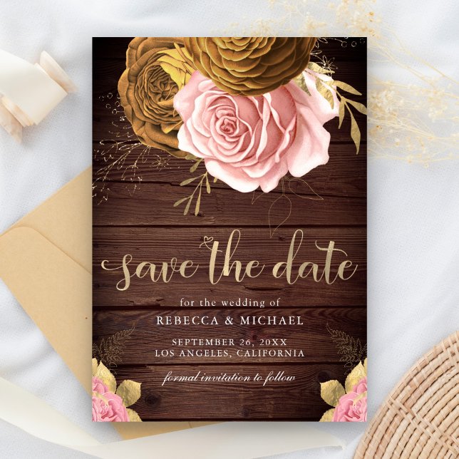 Dusty Pink Rose Earthy Floral Wood Wedding Save The Date (Creator Uploaded)