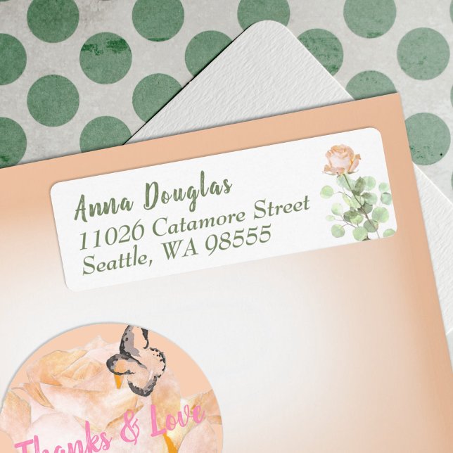Dusty Pink Rose Eucalyptus Return Address (dusty peach roses botanical return address label personalized stationary grad graduate floral pink)