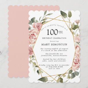 Dusty Pink Rose Floral 100th Birthday Party Invitation