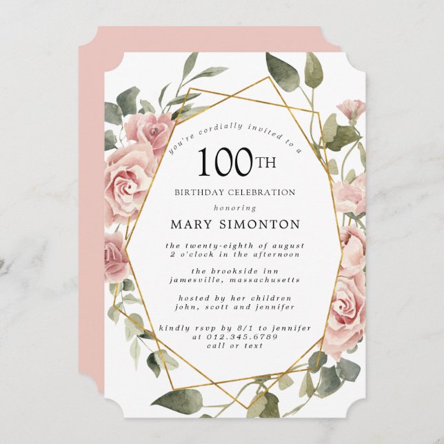 Dusty Pink Rose Floral 100th Birthday Party Invitation (Front/Back)