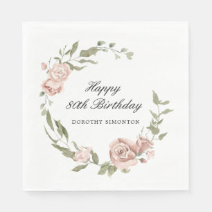 Dusty Pink Rose Floral 80th Birthday Napkin