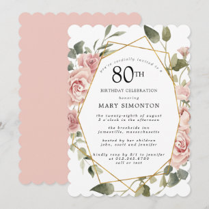 Dusty Pink Rose Floral 80th Birthday Party Invitat Invitation