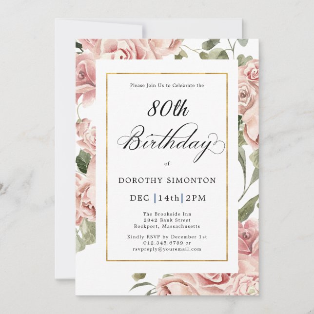 Dusty Pink Rose Floral 80th Birthday Party Invitation (Front)