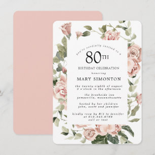 Dusty Pink Rose Floral 80th Birthday Party Invitation