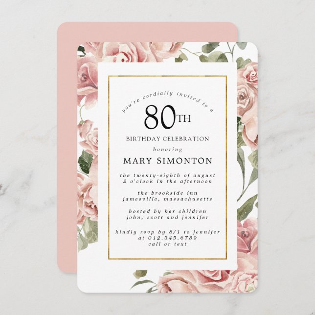 Dusty Pink Rose Floral 80th Gold Birthday Party Invitation (Front/Back)