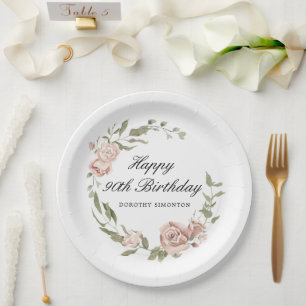 Dusty Pink Rose Floral 90th Birthday  Paper Plate