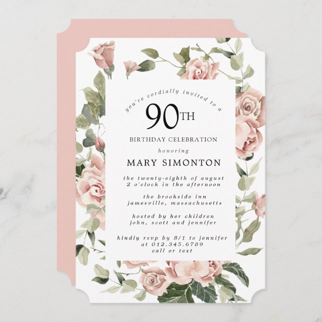 Dusty Pink Rose Floral 90th Birthday Party Invitat Invitation (Front/Back)